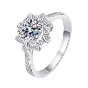 Floral Petal Halo Solitaire Silver Ring