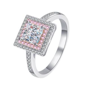 Princess Cut Pink Double Halo Silver Ring