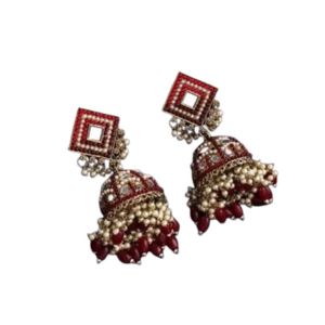 Maroon Square Stud Pearl Cluster Jhumka Earrings