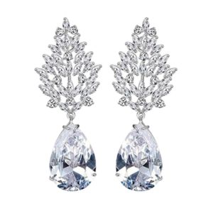 Silver Leaf CZ Teardrop Statement Earrings